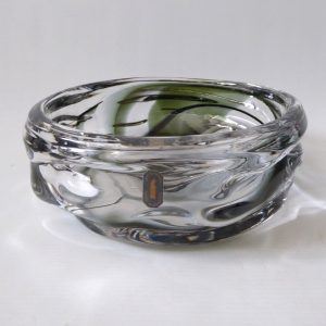 Whitefriars large streaky green 9614 7.5" vintage art glass knobbly bowl + label
