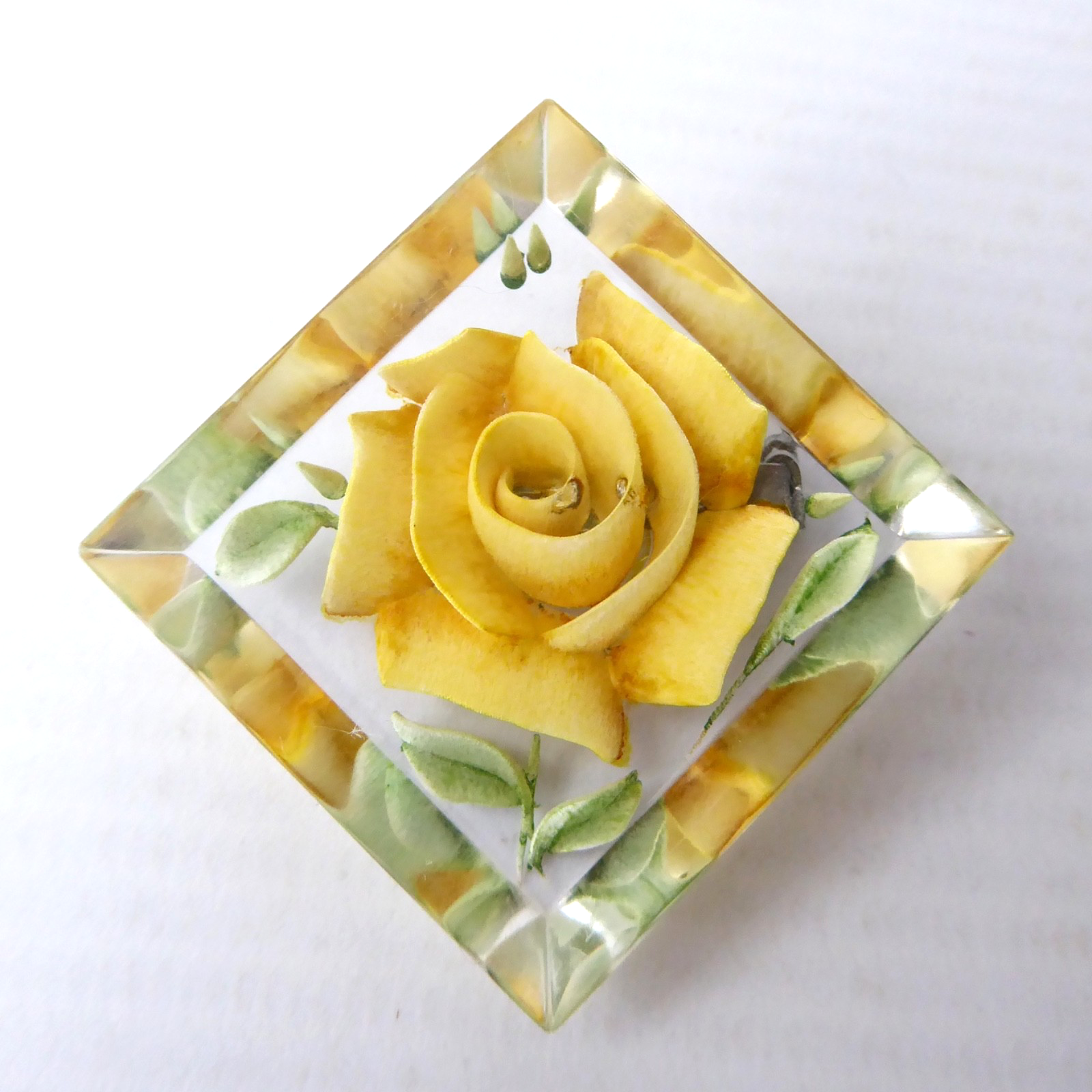 1950s reverse carved lucite perspex brooch yellow rose flower vintage square cut