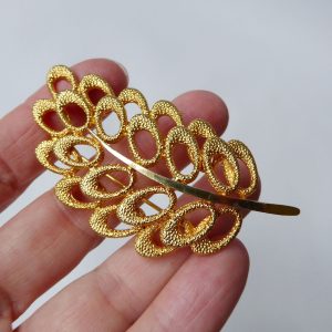 1960s gold-tone large leaf vintage brooch, abstract textured retro costume jewel