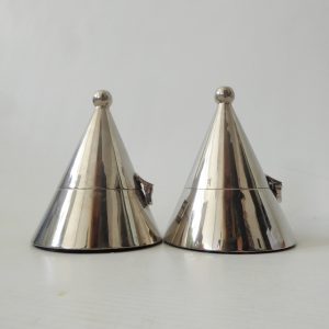 2x Alessi Aldo Rossi ? vintage tealight candle holders, chromed metal flip top