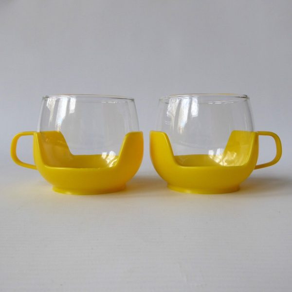 2x Melitta 1970s vintage glass coffee tea cups in holders, yellow retro. Pyrex - Image 3