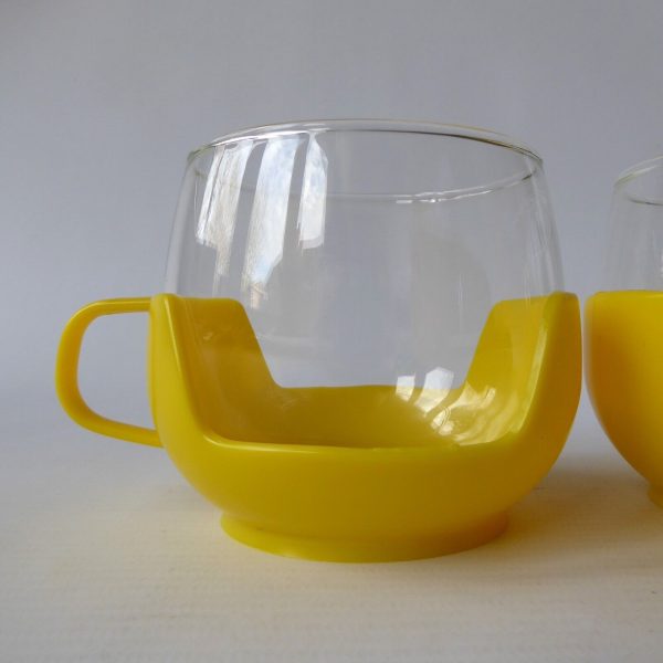 2x Melitta 1970s vintage glass coffee tea cups in holders, yellow retro. Pyrex - Image 4