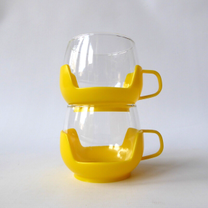 2x Melitta 1970s vintage glass coffee tea cups in holders, yellow retro. Pyrex