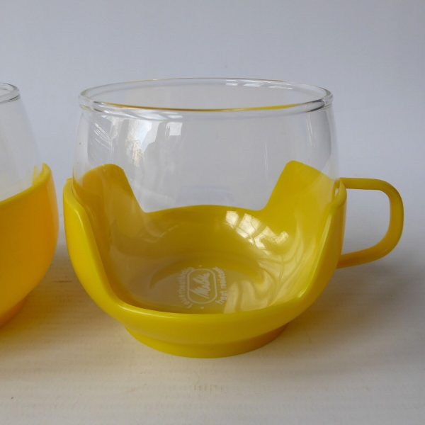 2x Melitta 1970s vintage glass coffee tea cups in holders, yellow retro. Pyrex - Image 5