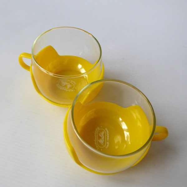 2x Melitta 1970s vintage glass coffee tea cups in holders, yellow retro. Pyrex - Image 6