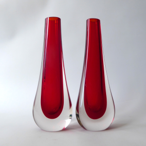 2x fab Whitefriars 9571 teardrop bud vases, vintage 1960s Ruby Red art glass 8"