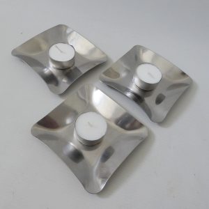 3 Danish Modernist Nord Steel 1960s stainless steel pin dish, jewellery, candle