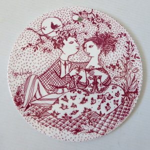 Bjorn Wiinblad May Harmoni red wall plaque, vintage Nymolle Denmark 6" Ceramic