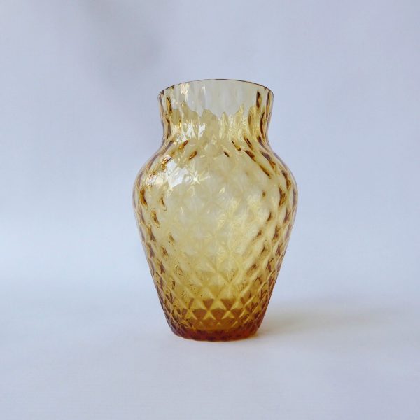 Borske Sklo Czech art glass 6" vase, diamond optic lens, amber gold 1970s retro - Image 3