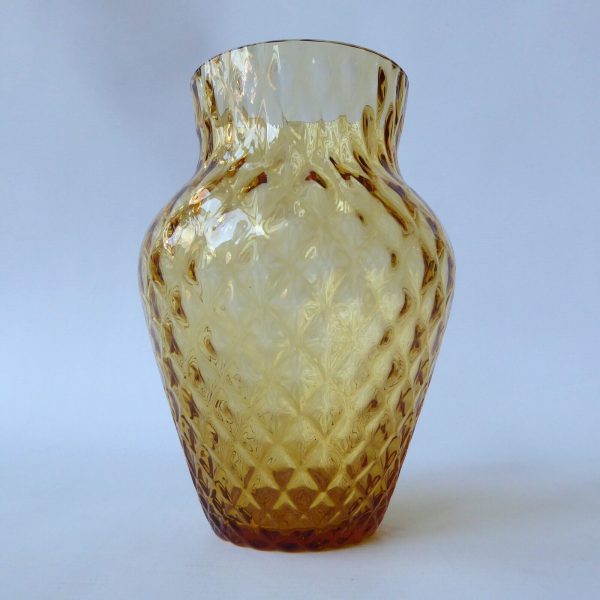 Borske Sklo Czech art glass 6" vase, diamond optic lens, amber gold 1970s retro - Image 4