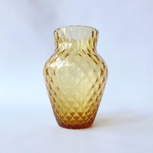 Borske Sklo Czech art glass 6" vase, diamond optic lens, amber gold 1970s retro