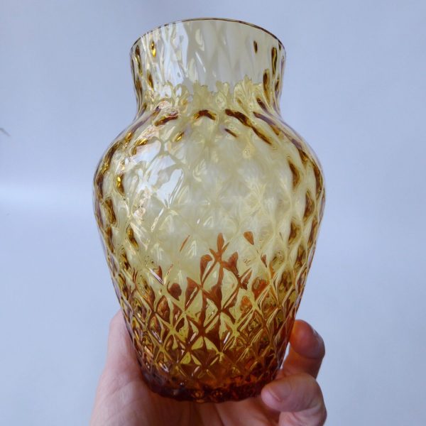 Borske Sklo Czech art glass 6" vase, diamond optic lens, amber gold 1970s retro - Image 5