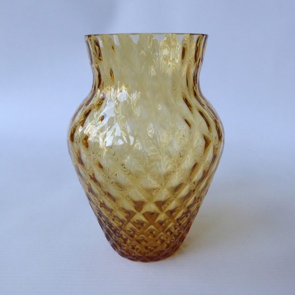 Borske Sklo Czech art glass 6" vase, diamond optic lens, amber gold 1970s retro - Image 7