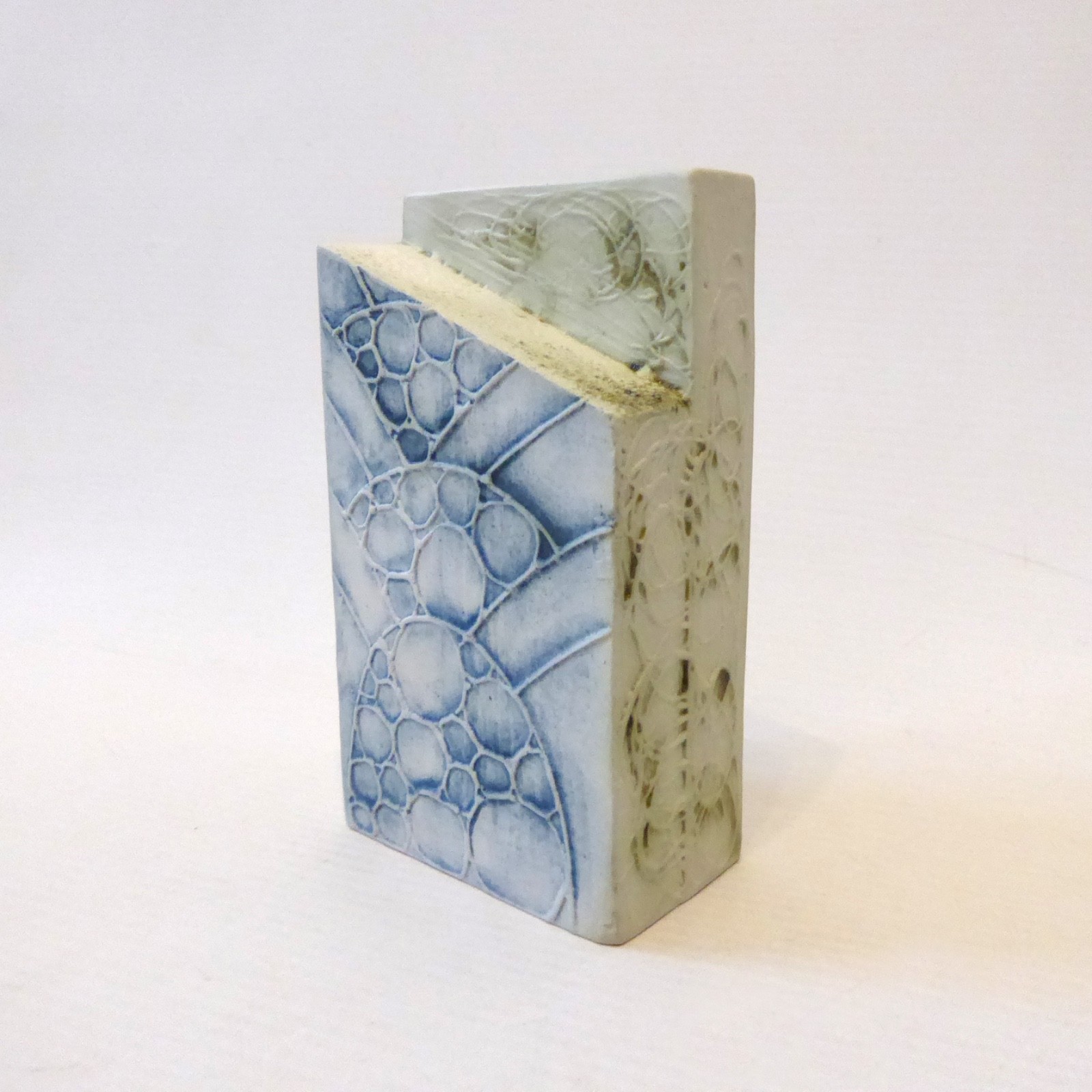 Carn Pottery ceramic angled block vase, John Beusmans. 1970s vintage retro, blue