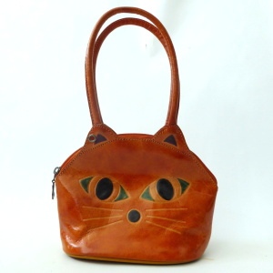 Cat face small cute leather handbag, vintage style tan. Zipper + handles