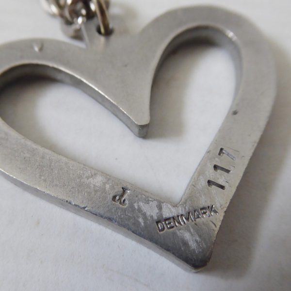 Danish vintage pewter heart pendant & necklace 24", signed JJ Jorgen Jensen 117 - Image 11