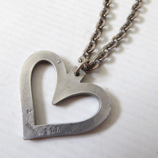 Danish vintage pewter heart pendant & necklace 24", signed JJ Jorgen Jensen 117 - Image 8
