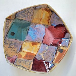 Dartington Pottery Quilt studio art bowl, patchwork pentagon. Petra Tilley dish