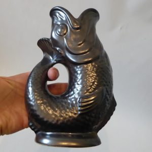 Dartmouth Pottery black gluggle fish jug. Vintage retro mid century 1960s gurgle