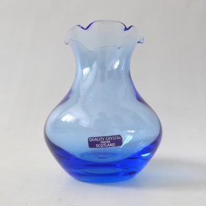 Edinburgh Crystal sky blue ruffle rim small art glass vase, Scottish vintage EC