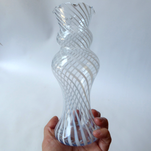 Empoli/Venetian art glass vase, white twisted enamel. Vintage curvy, scallop rim