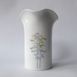 German porcelain 1980s vintage vase Scherzer Bavaria. Pastel trees, cylinder 735
