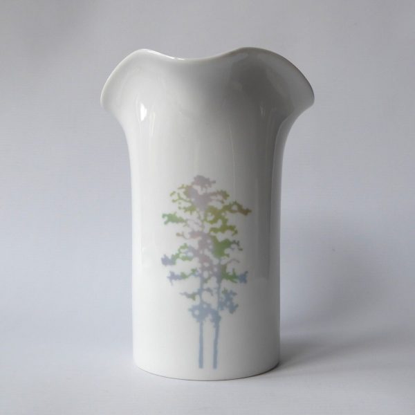 German porcelain 1980s vintage vase Scherzer Bavaria. Pastel trees, cylinder 735
