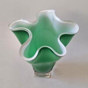 Green & opaline cased white vintage Handkerchief art glass vase, retro 1970s