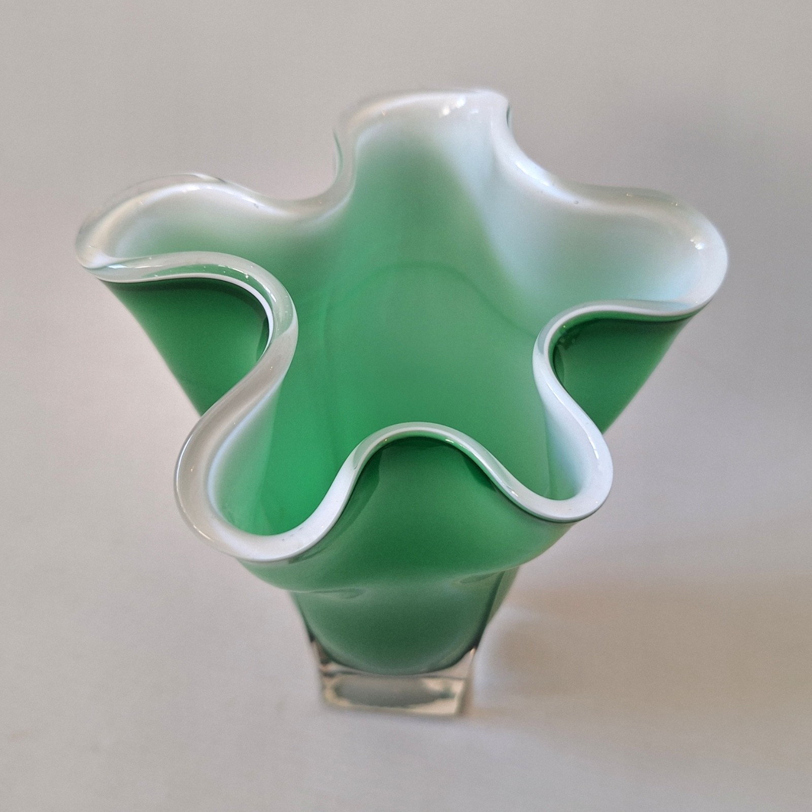 Green & opaline cased white vintage Handkerchief art glass vase, retro 1970s