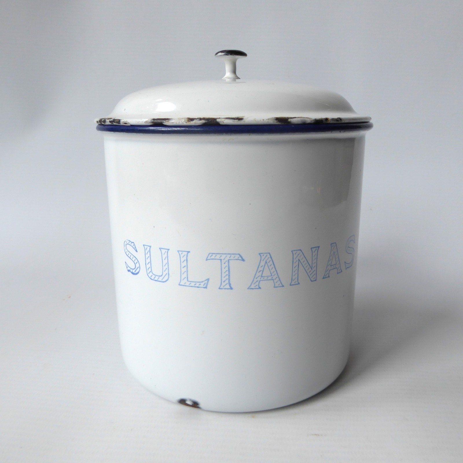 Kockums Sweden old enamel Sultanas kitchen storage pot tin canister container