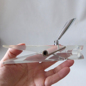 Large lucite peg pen holder, paper holder. Desk table office perspex paperclip