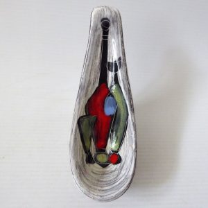 Leather backed vintage mid century San Marino pin dish, sgraffito bottles, 60s