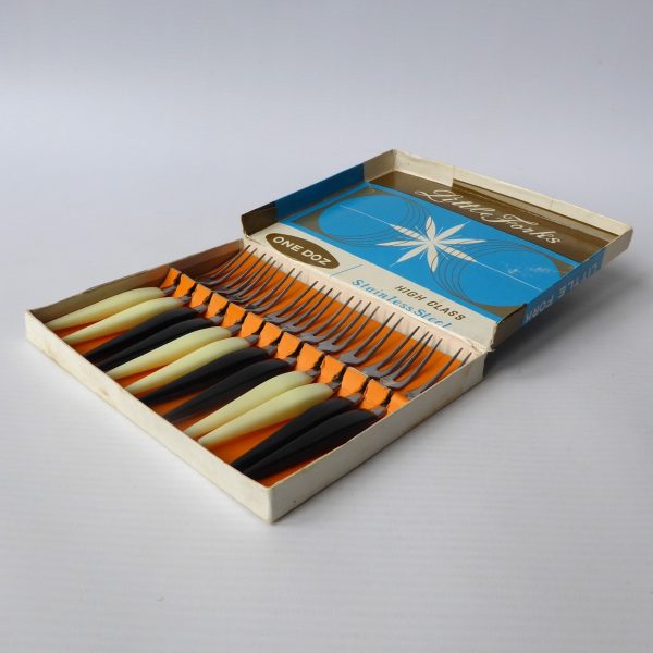 Little Forks set 12 steel cocktail pickle nibbles snack forks, 1950s mid century - Image 3