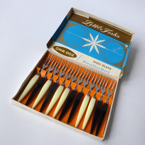 Little Forks set 12 steel cocktail pickle nibbles snack forks, 1950s mid century - Image 4