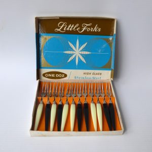 Little Forks set 12 steel cocktail pickle nibbles snack forks, 1950s mid century
