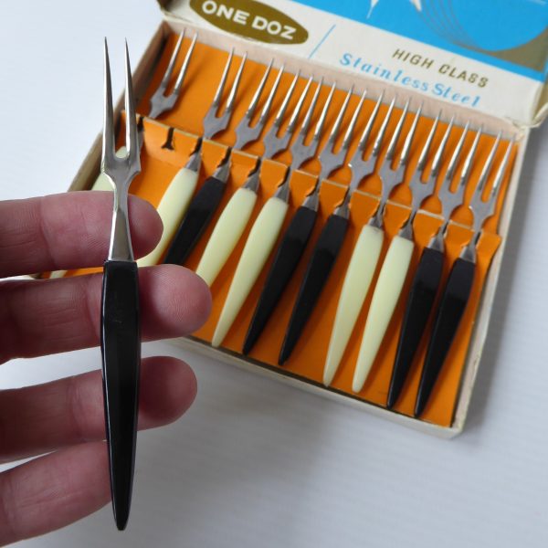 Little Forks set 12 steel cocktail pickle nibbles snack forks, 1950s mid century - Image 7