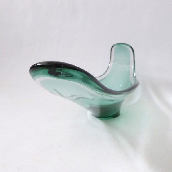 Long green art glass cased bowl, vintage mid century style. Scoop, curled retro - Image 4