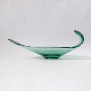 Long green art glass cased bowl, vintage mid century style. Scoop, curled retro