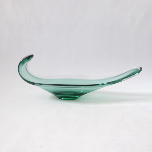 Long green art glass cased bowl, vintage mid century style. Scoop, curled retro - Image 6