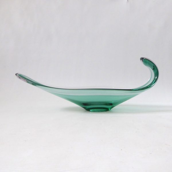 Long green art glass cased bowl, vintage mid century style. Scoop, curled retro