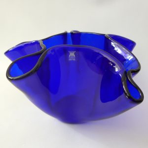Magnor Norway vintage art glass handkerchief vase, Scandinavian 6" blue handmade