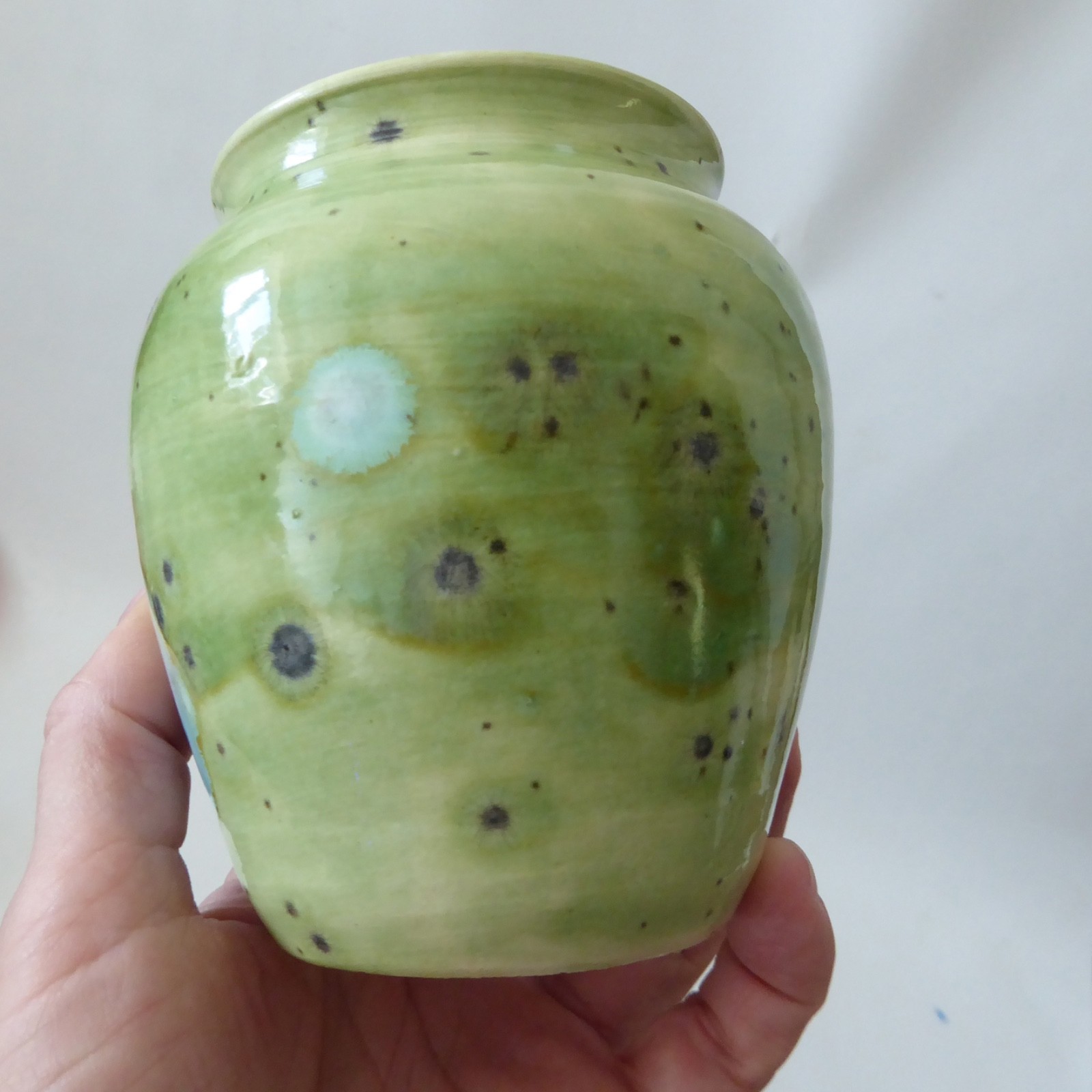 Mark Baker at Trad Pots Poole vintage art pottery vase, lime olive green spotty - Image 7