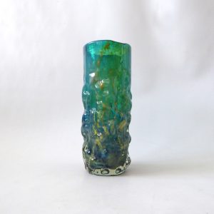 Mdina vintage art glass bark vase, Sea & Sand, turquoise blue + gold. Malta 8"