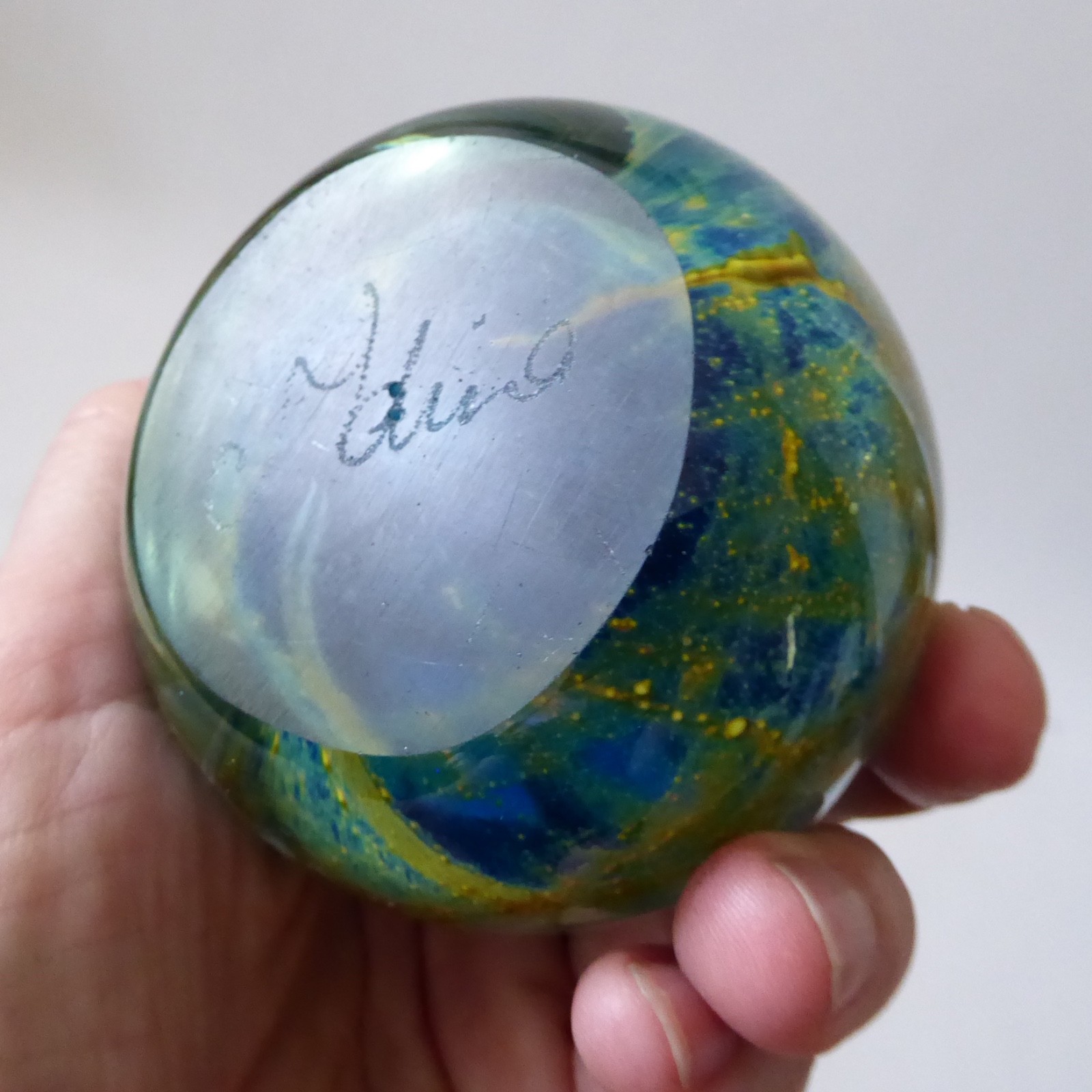 Mdina vintage glass paperweight + top knob Sea & Sand, blue + gold trails. Malta - Image 5