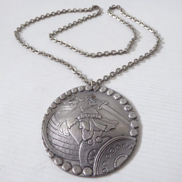 Meba Iceland vintage pewter Nordic Norse Viking medallion pendant & 27" necklace - Image 3