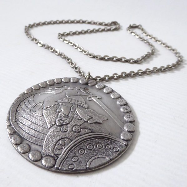 Meba Iceland vintage pewter Nordic Norse Viking medallion pendant & 27" necklace