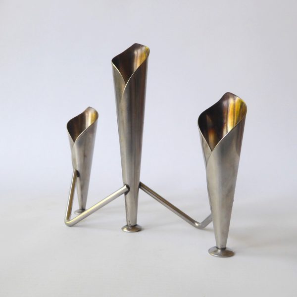 Mid century Danish stainless steel candle holder, candlestick. Modernist 3 cones - Image 4