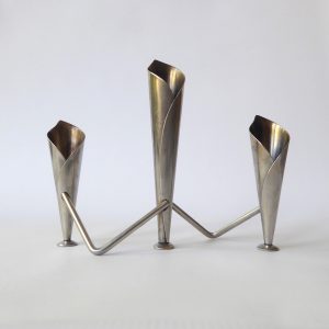 Mid century Danish stainless steel candle holder, candlestick. Modernist 3 cones