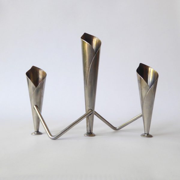 Mid century Danish stainless steel candle holder, candlestick. Modernist 3 cones