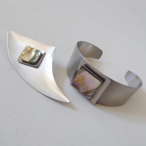Modernist retro stainless steel & abalone vintage cuff bracelet bangle & brooch